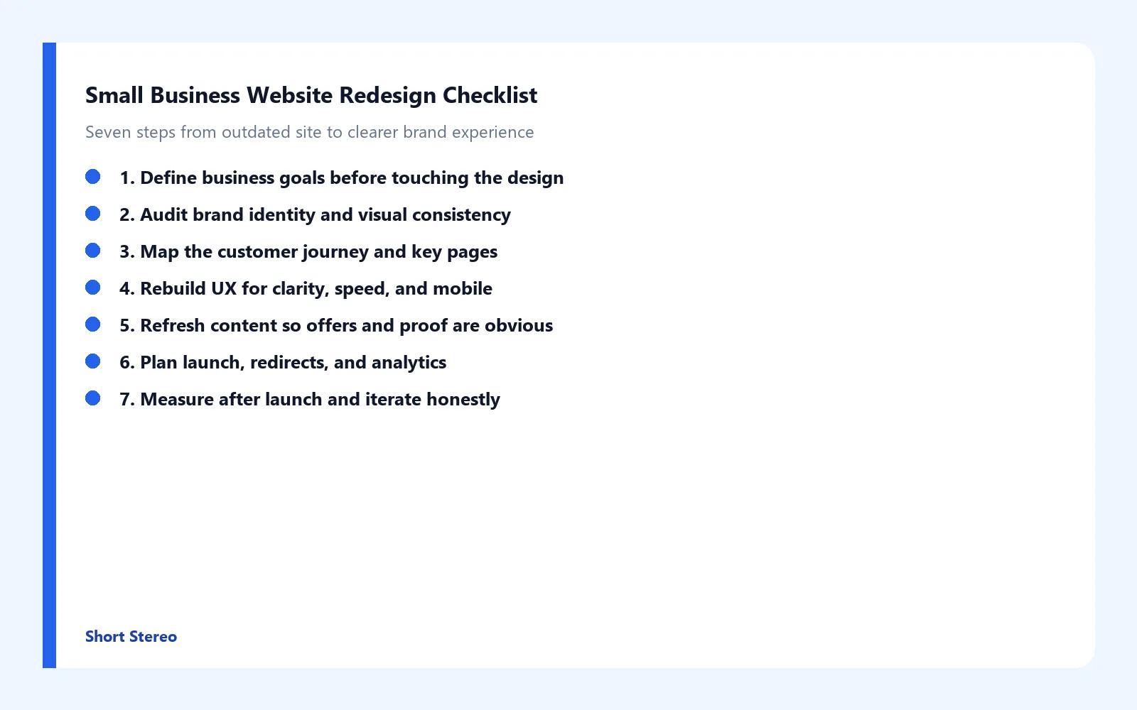 Checklist graphic summarizing seven steps in a small business website redesign.
