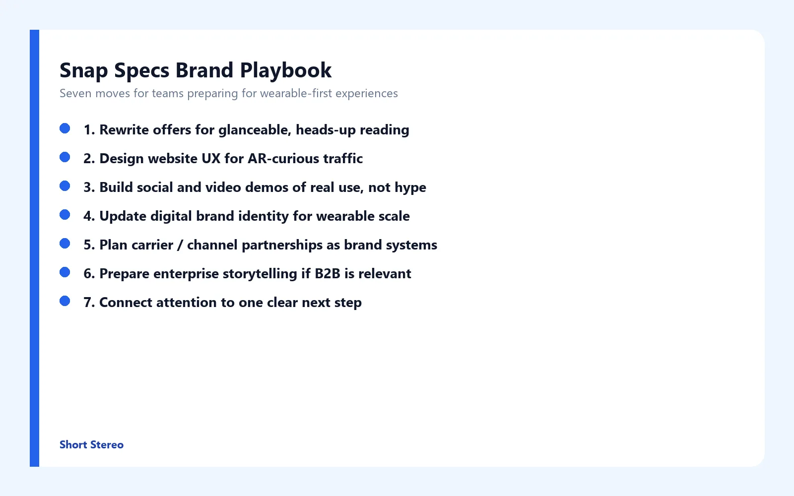Checklist graphic summarizing seven branding changes after Snap Specs AR glasses for business teams.