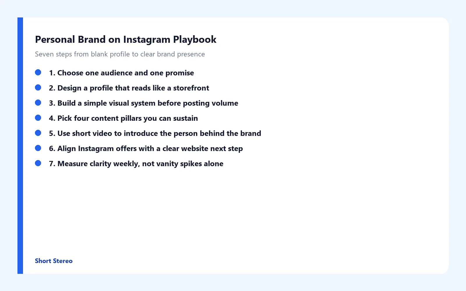 Checklist graphic summarizing seven steps to start a personal brand on Instagram.