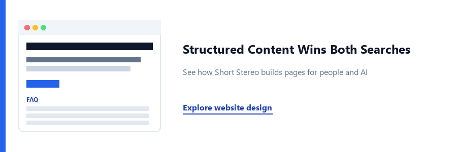 A small browser mockup of a well-structured webpage, illustrating content built for both readers and AI search.