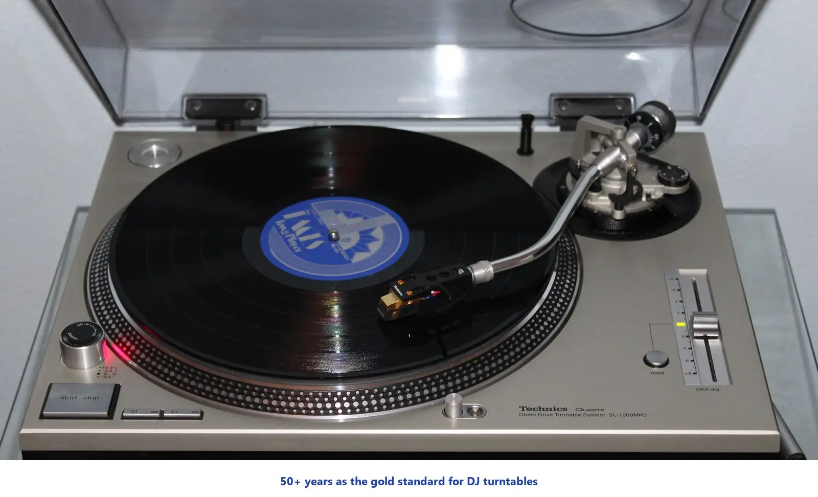A Technics SL-1200 turntable, the flagship product of Panasonic's Technics sub-brand.