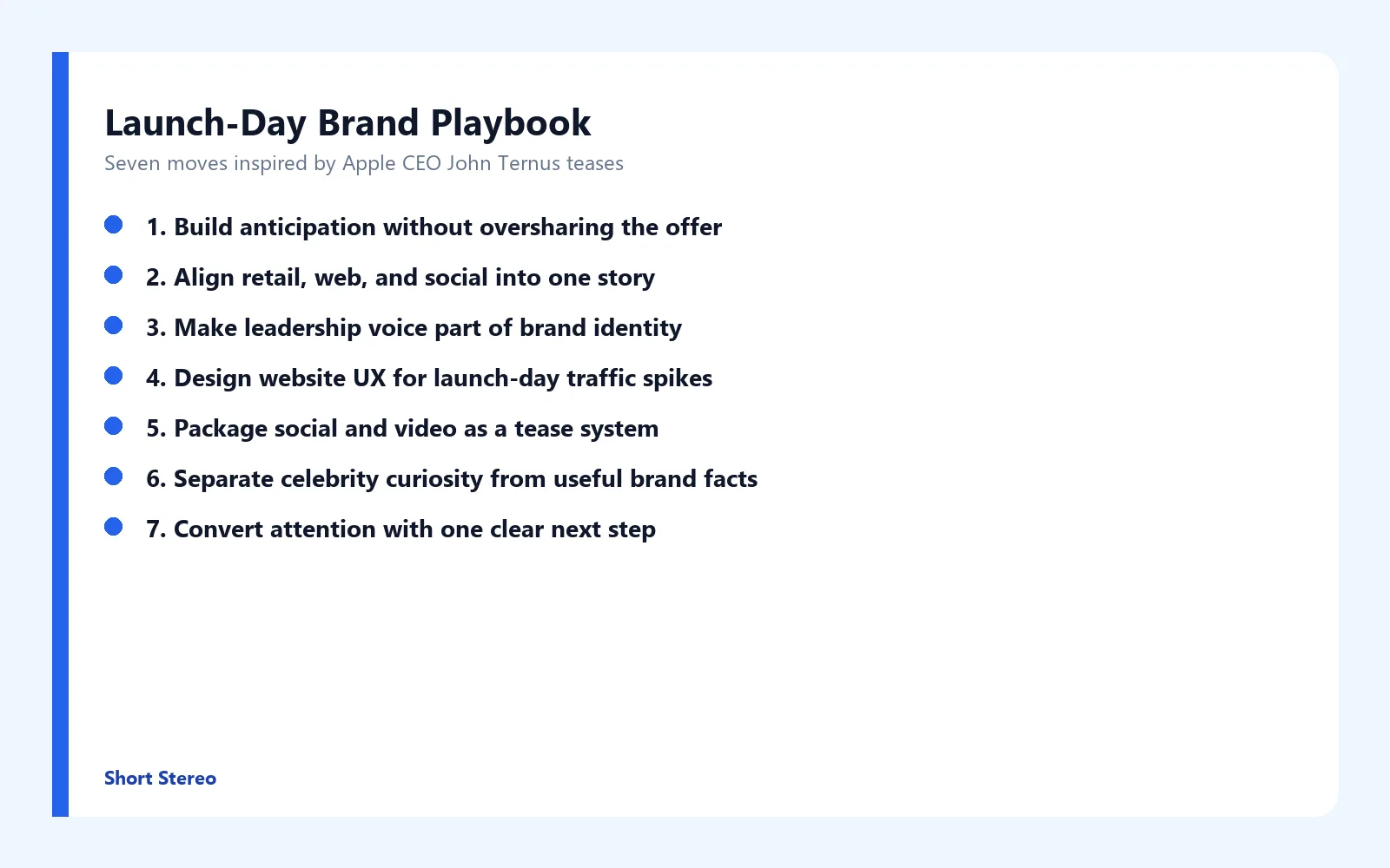 Checklist graphic summarizing launch-day branding moves inspired by Apple CEO John Ternus teases.