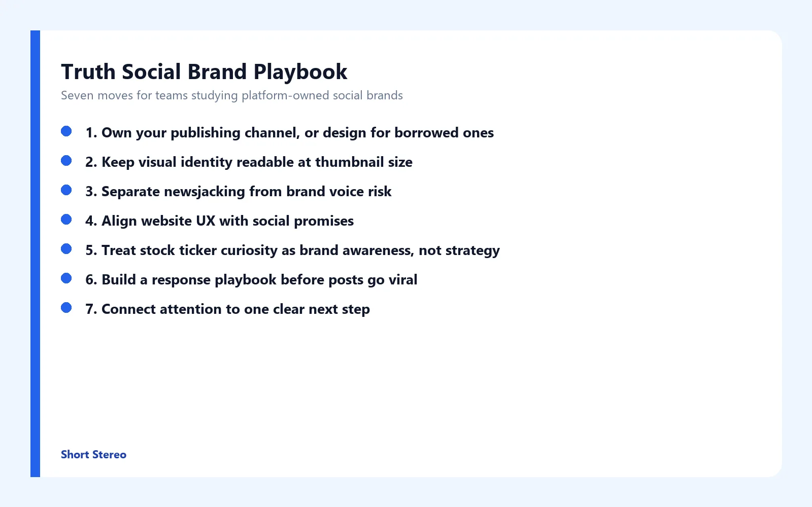 Checklist graphic summarizing seven brand lessons from Trump Truth Social for business teams.