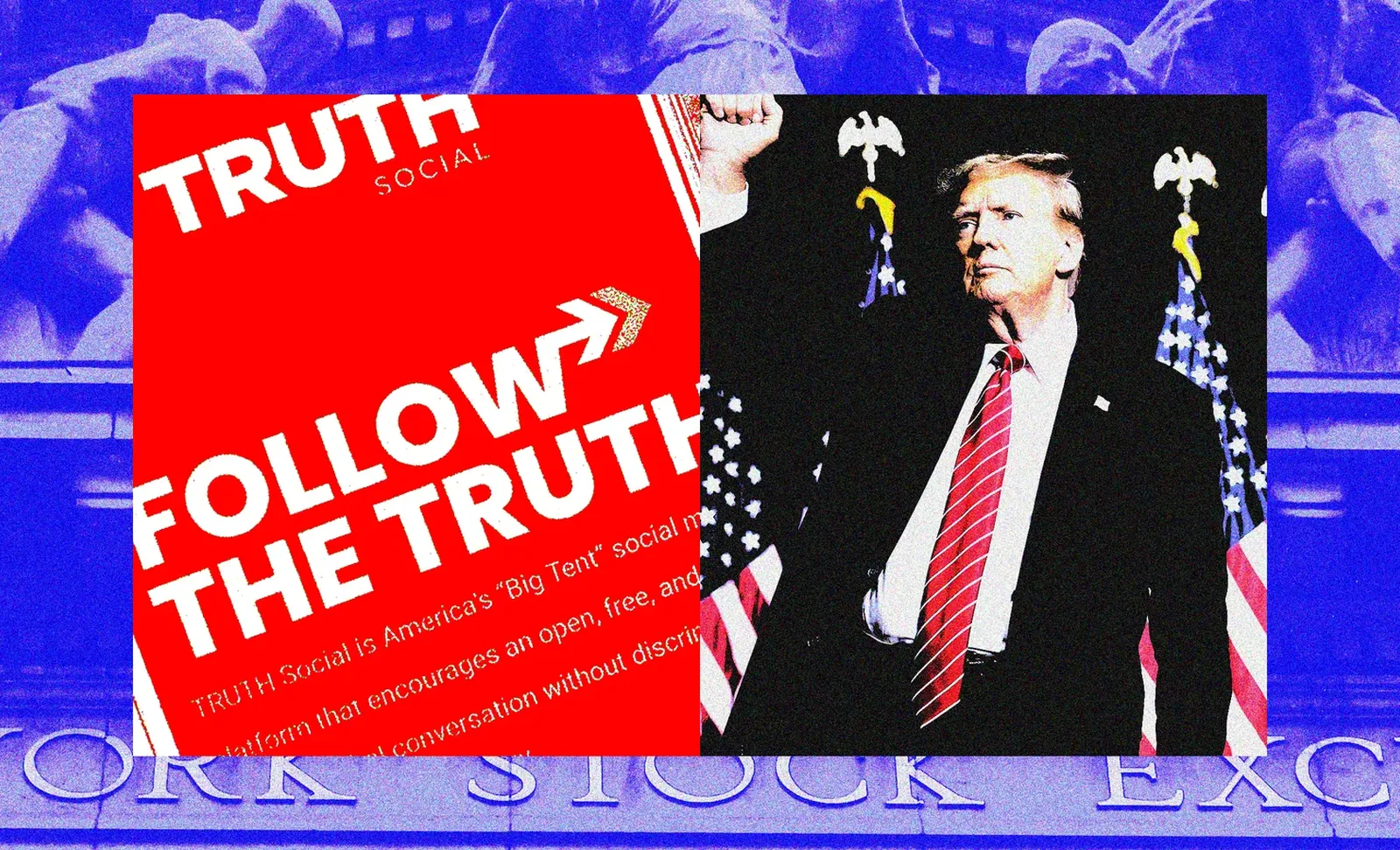 Editorial collage related to Truth Social and Trump Media brand presence in public coverage.